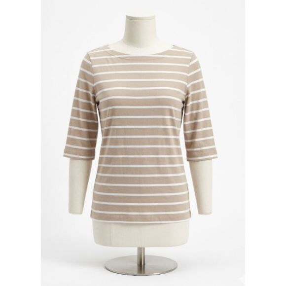 Christopher & Banks Tops - Beige & White Striped Knit Top  3/4 Sleeve Scoop Neck Size M Casual Basic